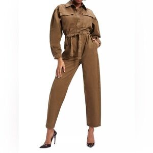 Good American Tan and Green Utility Jumpsuit with Belted Waist